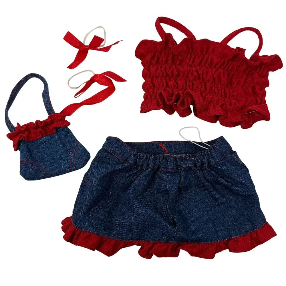 Build-A-Bear BAB Denim Skirt Ruffle Red Top Set Ribbon Bag Purse Summer Outfit
